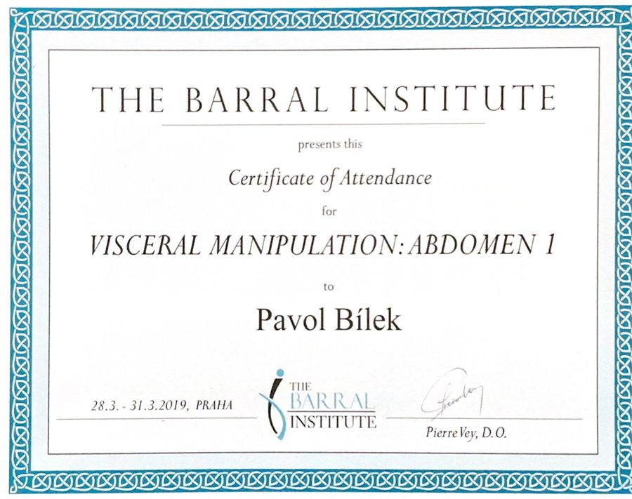 Certifikát The Barral Institute – viscerálna manipulácia